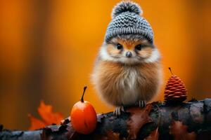 a small bird wearing a knitted hat sits on a branch generative ai photo