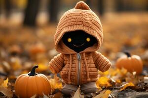 a small black doll wearing a hooded jacket standing in the middle of a field of pumpkins generative ai photo