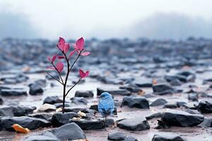 a small blue bird is standing in the middle of a field generative ai photo