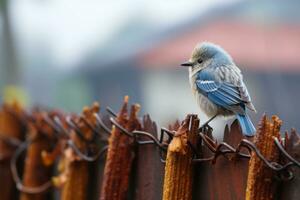 a small blue bird perched on a barbed wire fence generative ai photo