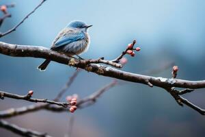 a small blue bird sits on a branch in front of a blurry background generative ai photo