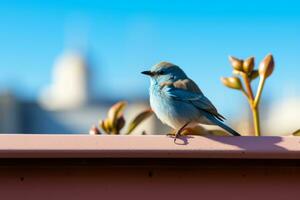 a small blue bird sitting on a ledge generative ai photo