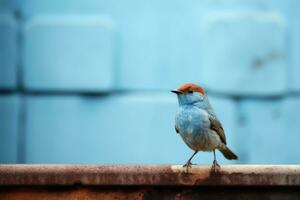 a small blue bird standing on a ledge generative ai photo