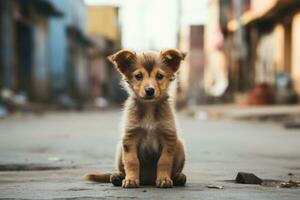 a small brown and white dog sitting on the street generative ai photo