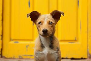 a small brown and white dog sitting in front of a yellow door generative ai photo