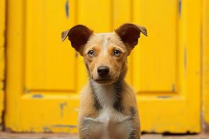 un pequeño marrón y blanco perro sentado en frente de un amarillo puerta generativo ai foto