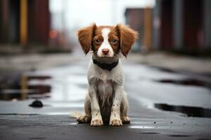 un pequeño marrón y blanco perro sentado en el calle generativo ai foto