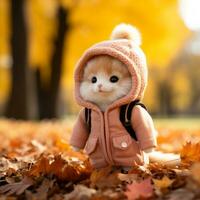a small cat wearing a pink jacket in the fall leaves generative ai photo