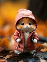 a small cat wearing a pink jacket on the ground generative ai photo