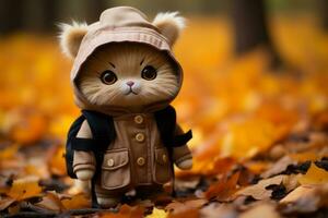 a small cat wearing a jacket in the fall leaves generative ai photo