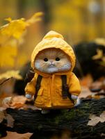 a small cat wearing a yellow raincoat on a log generative ai photo