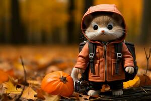 a small cat wearing an orange jacket and holding a pumpkin generative ai photo