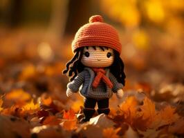 a small crochet doll is standing in a pile of fallen leaves generative ai photo
