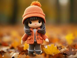 a small crochet doll wearing an orange coat and hat generative ai photo