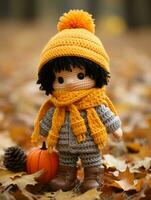 a small crochet doll wearing a hat and coat with a pumpkin on the ground generative ai photo
