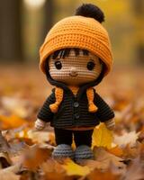 a small crochet doll wearing an orange hat and black jacket standing in the leaves generative ai photo