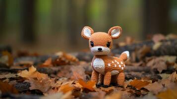 a small crocheted deer is standing in the leaves generative ai photo