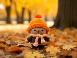 a small crocheted doll wearing an orange hat and scarf in the leaves generative ai photo