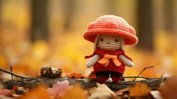 a small crochet doll wearing an orange hat sits on a log in the middle of an autumn forest generative ai photo