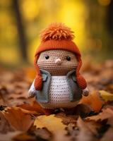 a small crocheted toy is sitting in the leaves generative ai photo