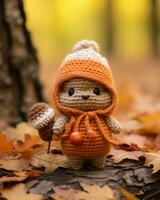 a small crocheted bear wearing an orange outfit and holding an acorn generative ai photo