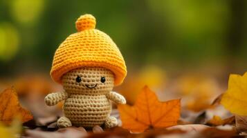 a small crocheted toy is sitting on the ground surrounded by autumn leaves generative ai photo