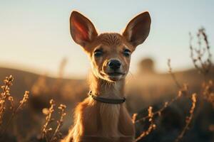 un pequeño ciervo es en pie en un campo a puesta de sol generativo ai foto