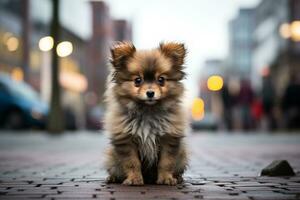 a small dog sitting on the ground in front of a building generative ai photo