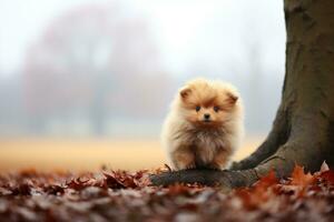 a small dog sitting on top of a fallen leaf generative ai photo