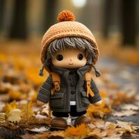 a small doll is standing in the middle of a pile of leaves generative ai photo