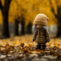 a small doll is standing in the middle of an autumn forest generative ai photo