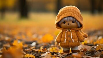 a small doll in an orange coat standing in the leaves generative ai photo