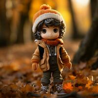 a small doll is standing in the middle of leaves generative ai photo
