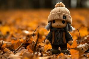 un pequeño muñeca es en pie en el medio de un campo de otoño hojas generativo ai foto