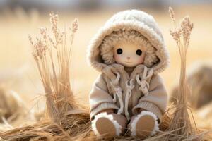 a small doll sitting in a field of wheat generative ai photo