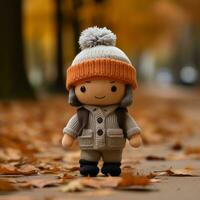 a small doll wearing a hat and coat standing in the leaves generative ai photo