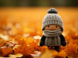 a small doll wearing a knitted hat and scarf standing in the middle of a field of autumn leaves generative ai photo