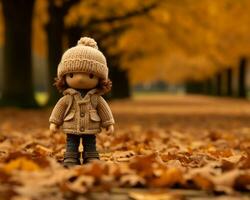 a small doll standing in the middle of a field of fallen leaves generative ai photo