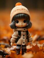 un pequeño muñeca vistiendo un suéter y sombrero en pie en un pila de caído hojas generativo ai foto
