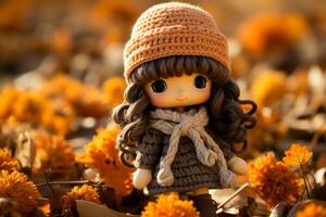 a small doll wearing a knitted hat and scarf in the middle of a field of autumn leaves generative ai photo