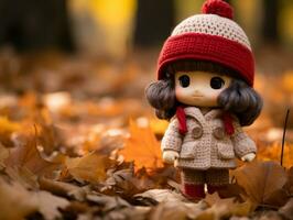 a small doll wearing a red hat and coat standing in a pile of fallen leaves generative ai photo