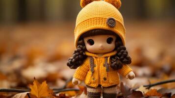 a small doll wearing a yellow coat and hat standing in a pile of fallen leaves generative ai photo