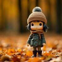 a small doll wearing a winter coat and hat stands in the middle of a pile of autumn leaves generative ai photo