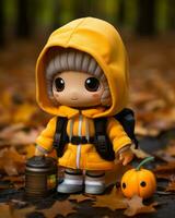 a small doll wearing a yellow jacket and holding a pumpkin generative ai photo