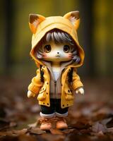 a small doll wearing a yellow jacket and boots on the ground generative ai photo