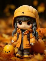 a small doll wearing an orange coat and holding a pumpkin generative ai photo