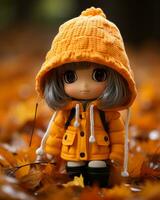 a small doll wearing an orange coat on the ground generative ai photo