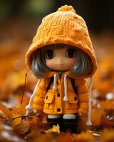 a small doll wearing an orange coat on the ground generative ai photo