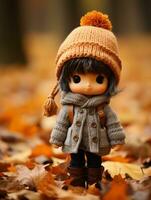 a small doll wearing an orange hat and coat standing in the middle of a pile of fallen leaves generative ai photo