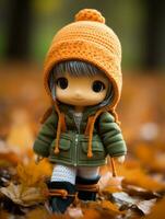a small doll wearing an orange hat and green jacket generative ai photo